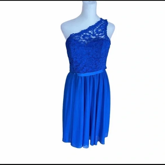 blue lace one shoulder dress KissProm